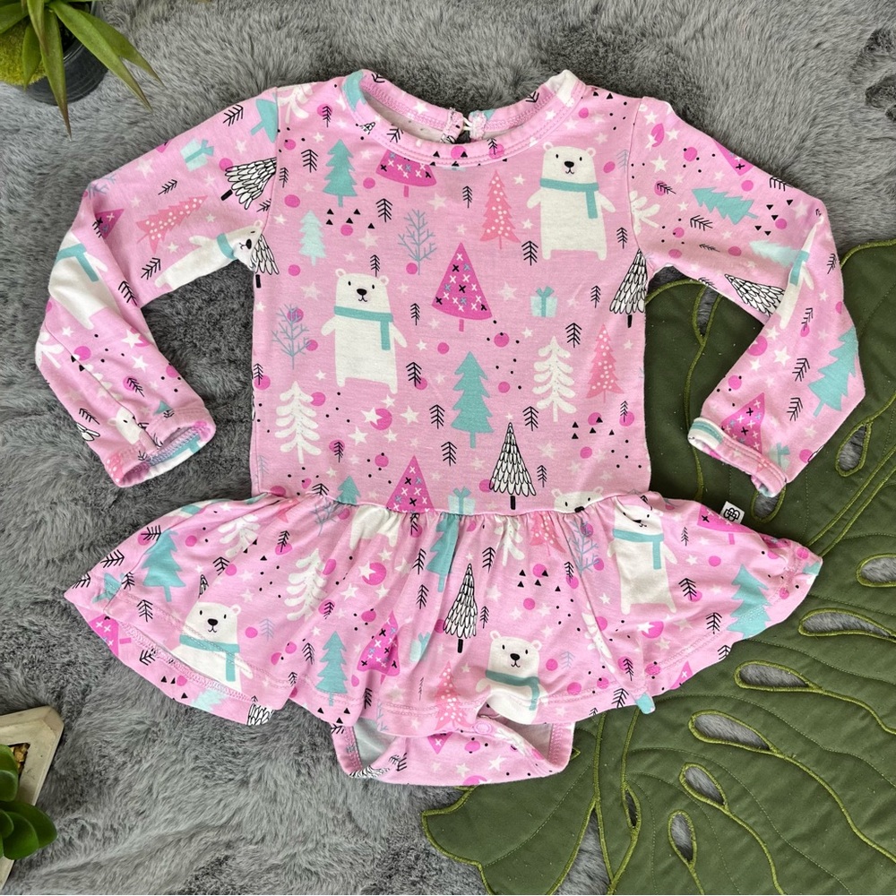 Bums & Roses Bamboo Christmas Polar Bear Ruffle Long Sleeve Dress 6-12 months